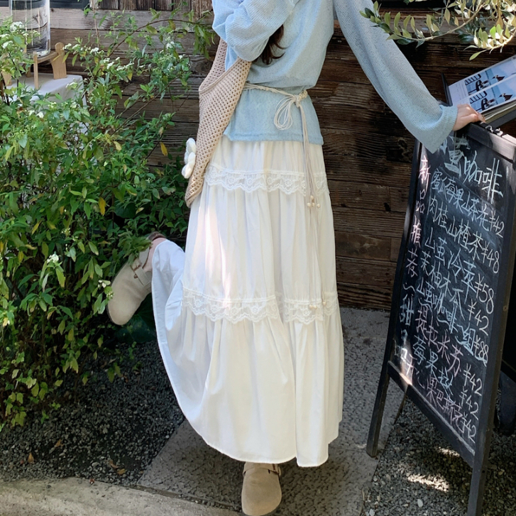 Moogu - Rok Panjang Wanita Rok Renda Berlapis Putih Murni Rok  Mixi Korea Skirt