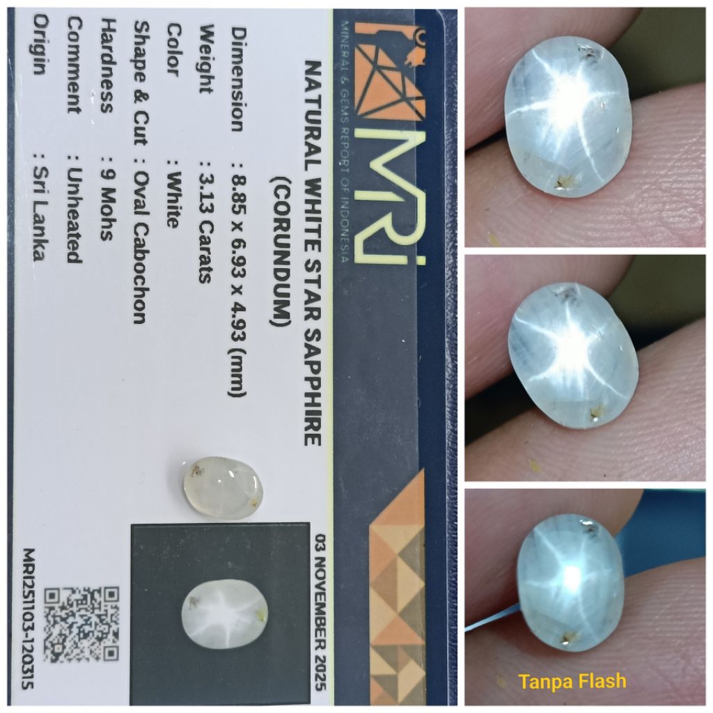 Natural White Star Sapphire Ceylon 3,1ct memo MRI safir Star Tajam
