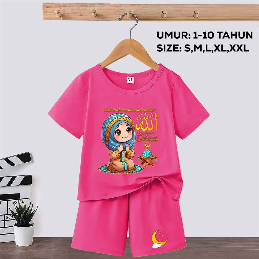Setelan Baju Anak Muslimah Umur 1-10 Tahun Motif Bismillah Set Anak Perempuan Lengan Pendek