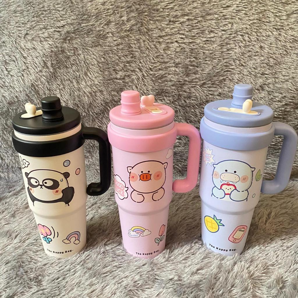 EA Tumbler Lucu 1 Liter Stainless Steel (K0040) Ada Gagang + Sedotan / Botol Minum Anti Bocor 1000ML