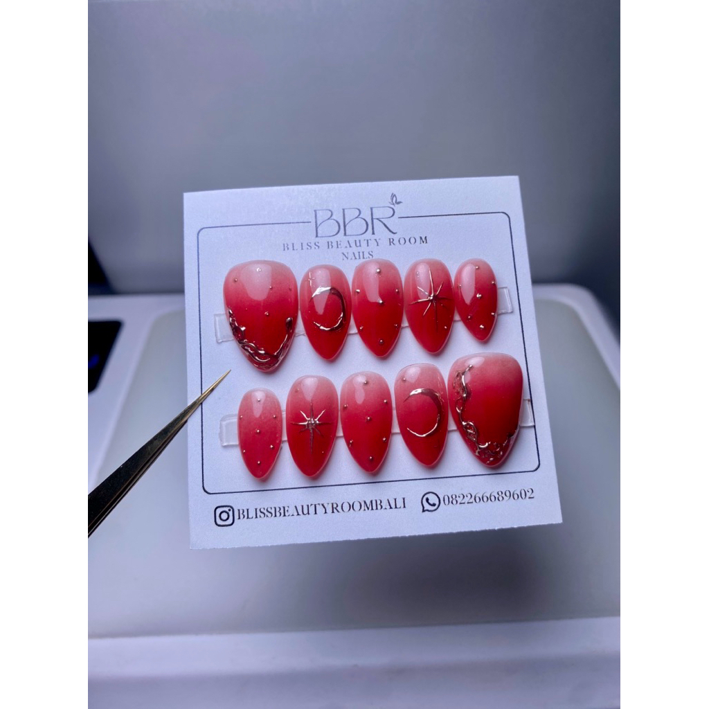 Press On Nails Design Chrome cat eye merah kuku palsu