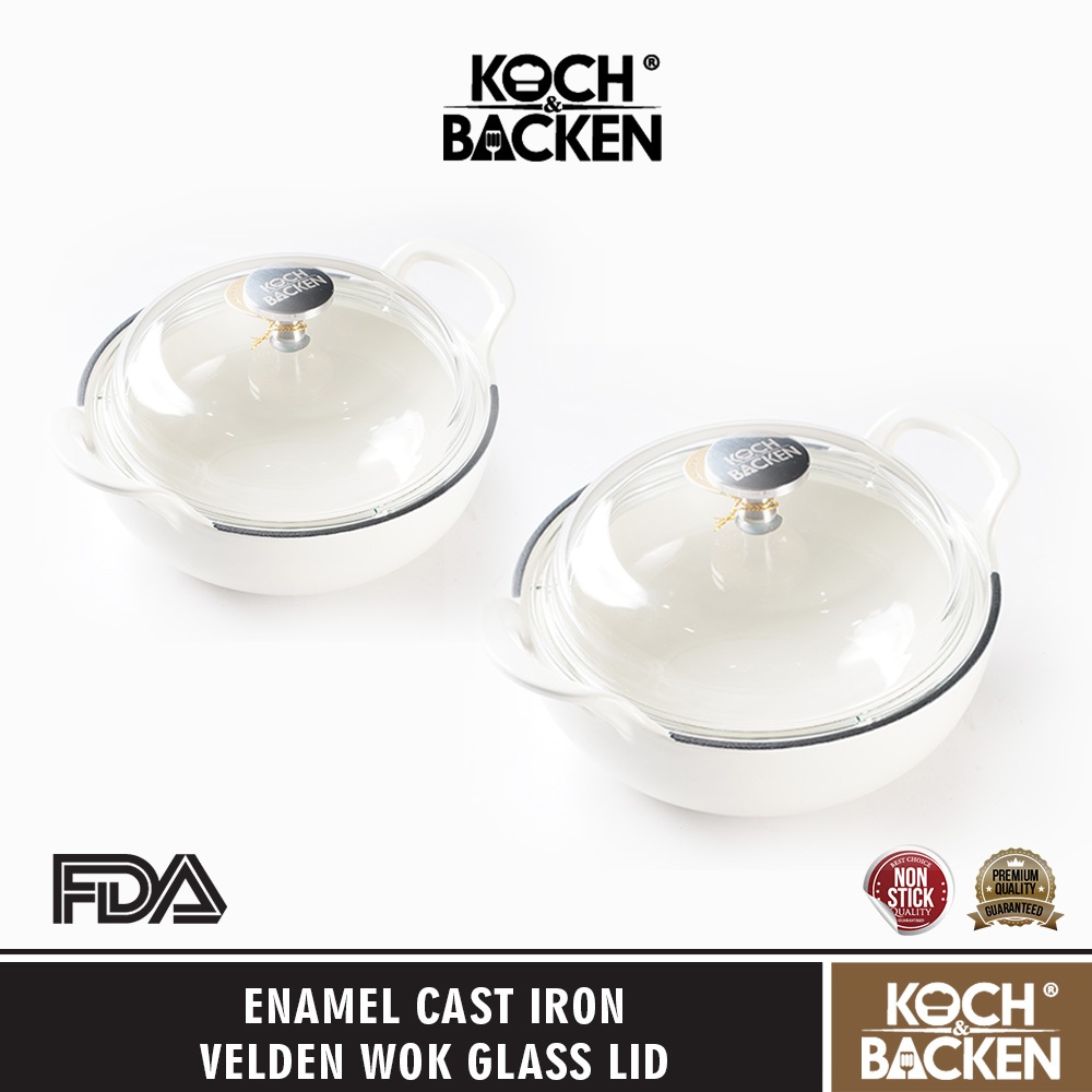 KOCH&BACKEN Enameled Cast Iron Velden Wok Full Glass Lid - Panci Enamel Besi Cor Anti Lengket Panci 
