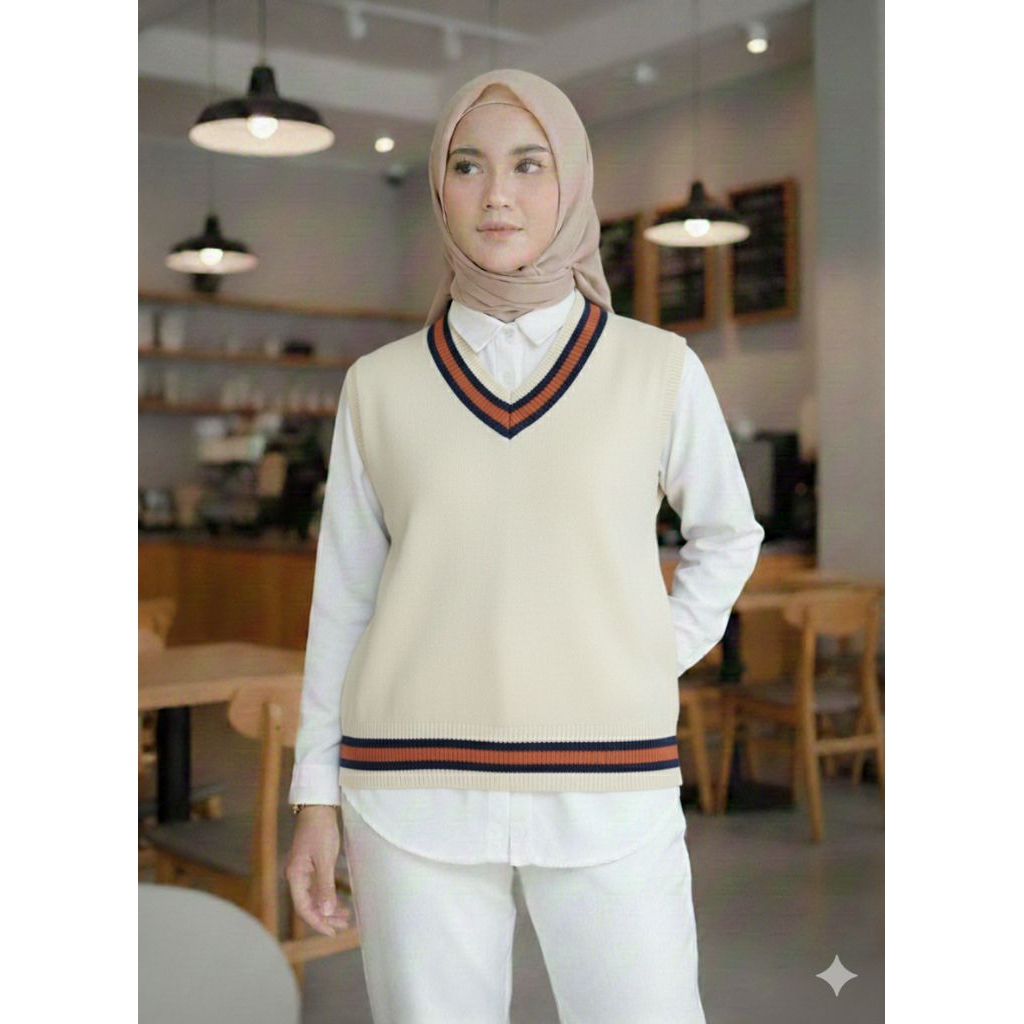 Vest Akademi Warna Putih Tulang List Orange dan Navy Ala Korea academy LD 100 PJ 58