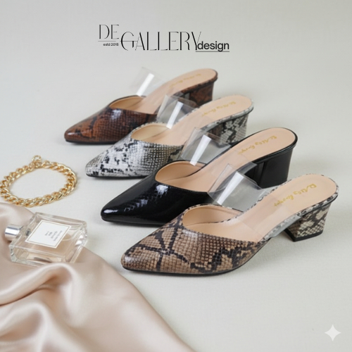 Mules Wanita Motif Kulit Ular Hak 5cm • Sandal Mules Block Heels Elegan Nyaman Kerja – RO-01