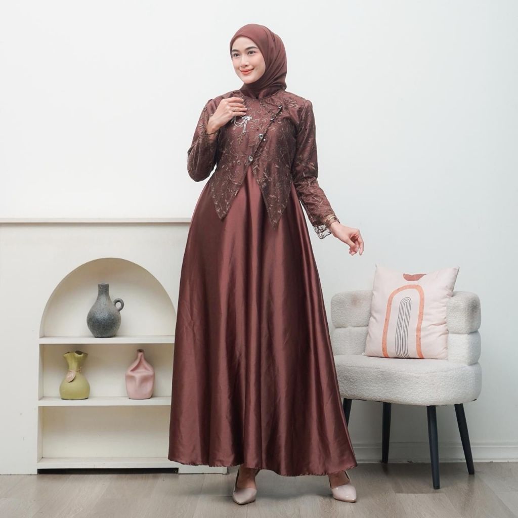 Gamis Pesta Terbaru Sahara Dress Janggan Mahogany Mewah Elegan Buat Lebaran Wisuda Kondangan Dengan 