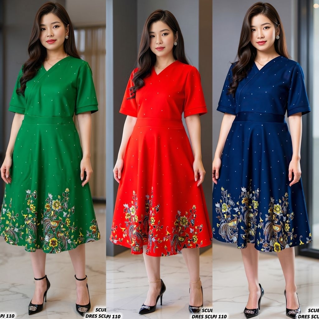 14952 Midi Dress Wanita Jumbo Bahan Scuba Print Dress Pesta Dress Imlek Dress Natal Dress Jumbo