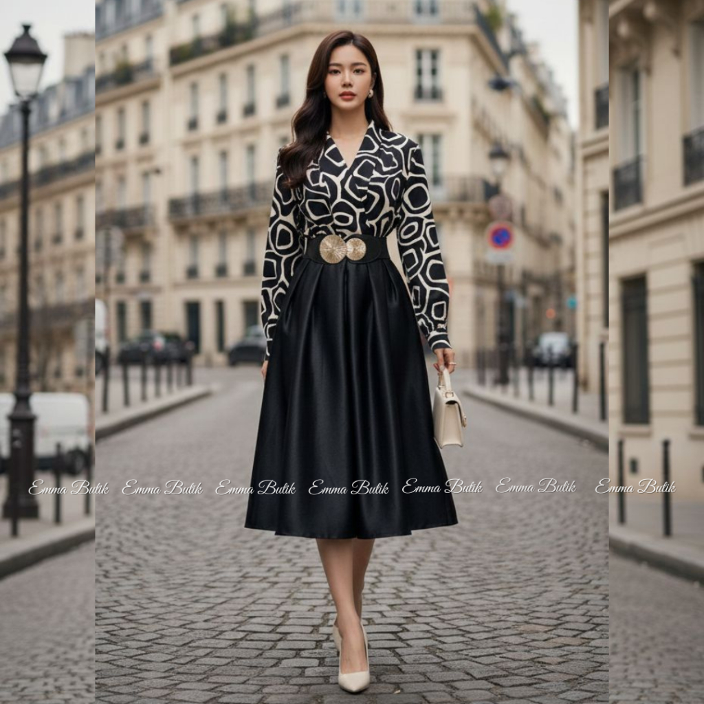 Emma.Butik E00678 Gaun Panjang  Hitam Pesta Midi Dress Paskah Gereja Lengan Panjang Wanita Tunik For