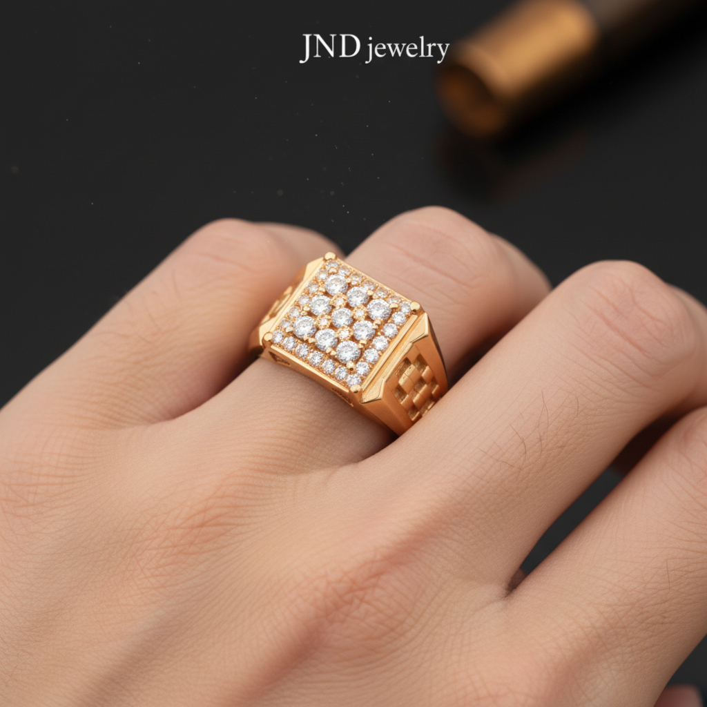 Cincin Pria Suasa Asli Berlian Mewah Kotak – Gold/Rose Gold/Silver | Premium Bling Ring Elegan - JND