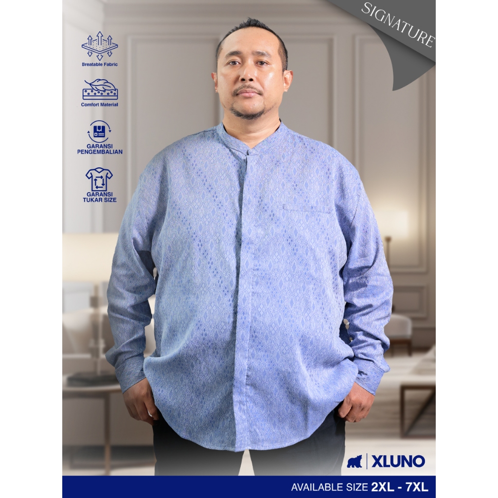 XLUNO Azzam Kemeja Koko Muslim Biru Pria Jumbo Big Size Lengan Panjang