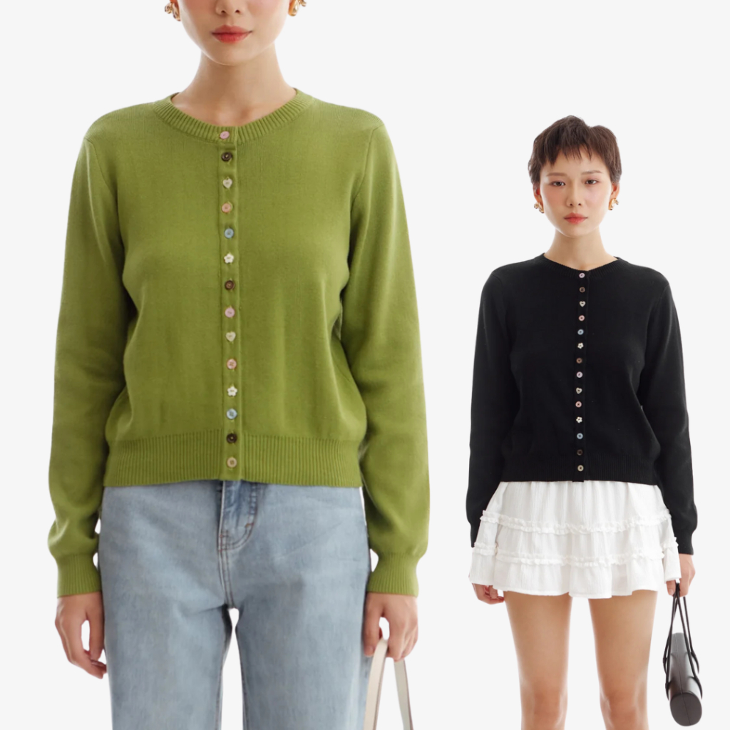 MISE CARDIGAN – OUDRE | 3 colors | Lightweight Knit Cardigan | Mismatched Buttons | Avocado Green | 