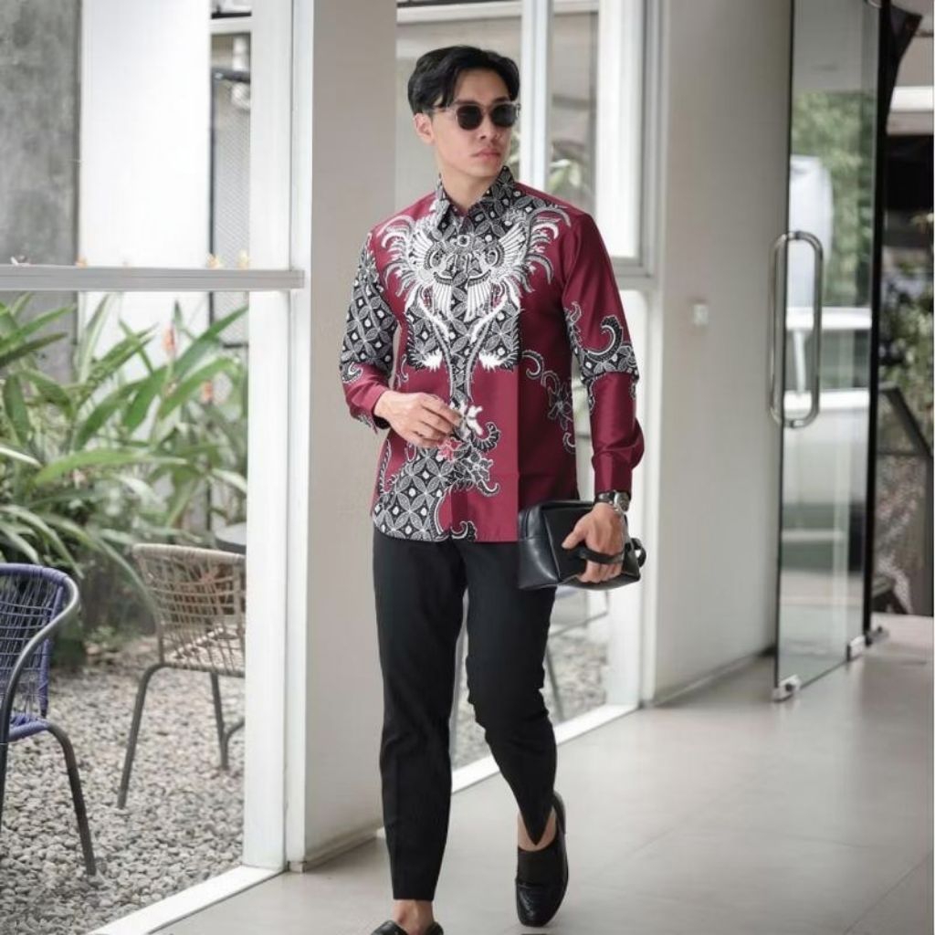 Kemeja Batik Katun Solo SENO MAROON Size Jumbo 5L LD 130 Ready Lengan Panjang Dan Pendek Kemeja Katu