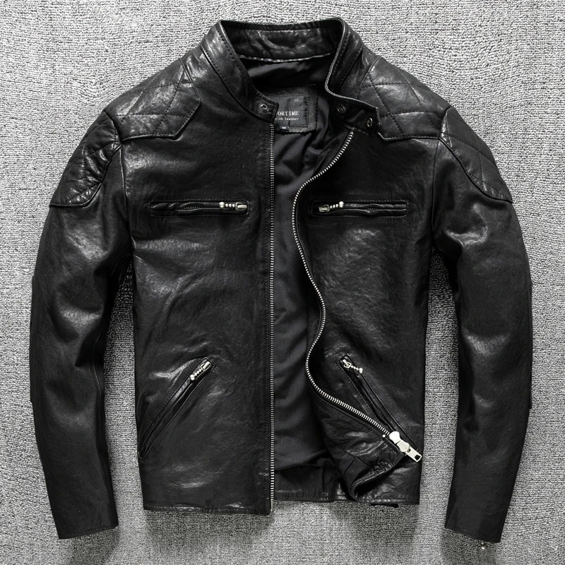 Jaket Kulit Biker Klasik Pria - 100% Kulit Domba Asli Slim Fit dengan Quilted Panel