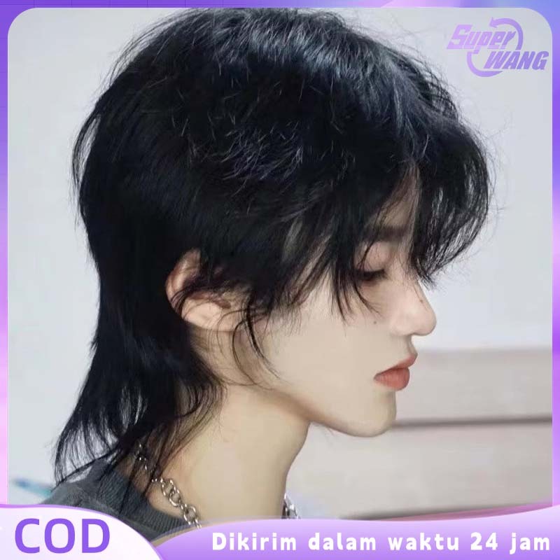Wig Mullet Pria Panjang 1pcs Uniseks Wig Wolfcut Cosplay Wig Laki Laki Mullet Rambut Simulasi