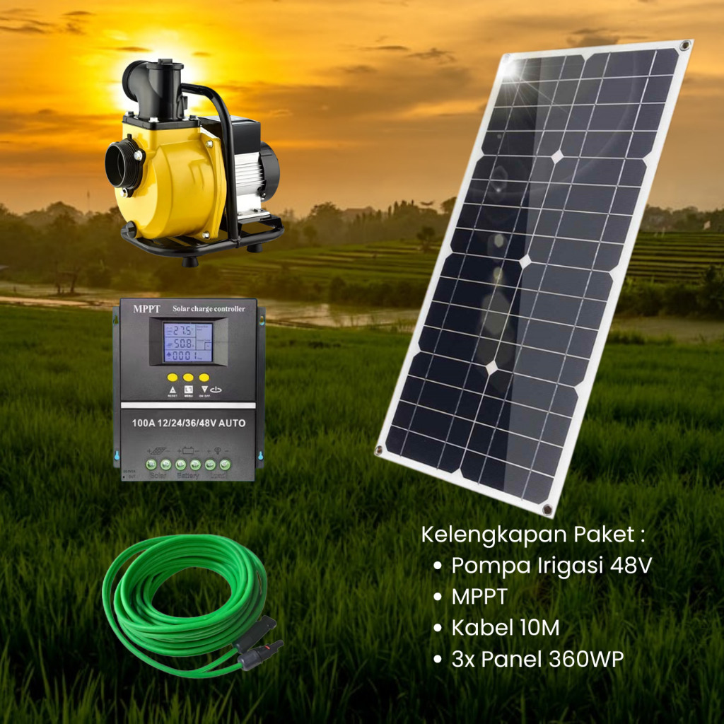 Paket Pompa Air DC 48V 2 inch 900 Watt Paket Panel Surya dan Pompa Irigasi Sedot Air 2' Dim