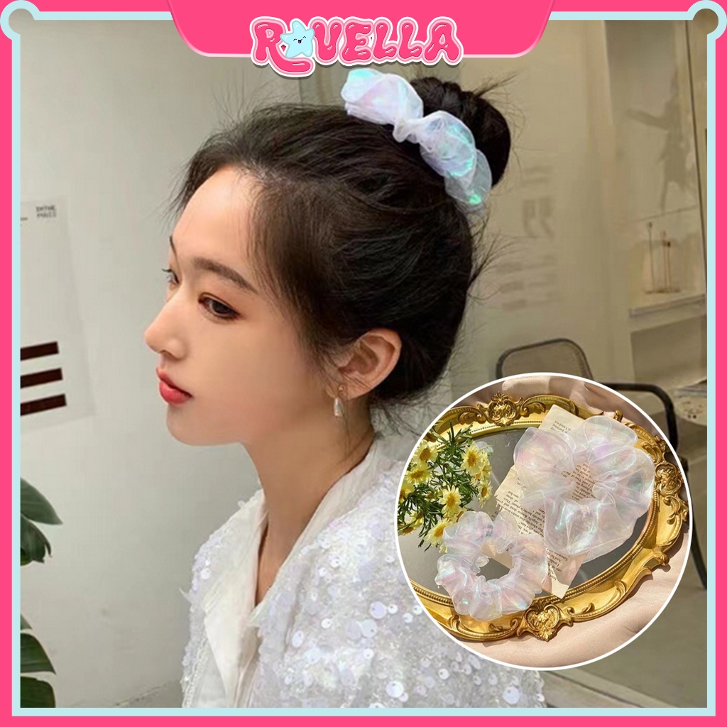 Ikat Rambut Wanita Korea Scrunchie Motif Glitter Berjaring Aksesoris Hiasan Rambut