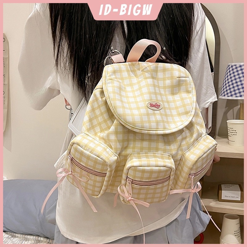 Tas Ransel Gaya Kampus Wanita Model Baru Motif Kotak-kotak Dengan Banyak Kantong Cocok Untuk Pergi K