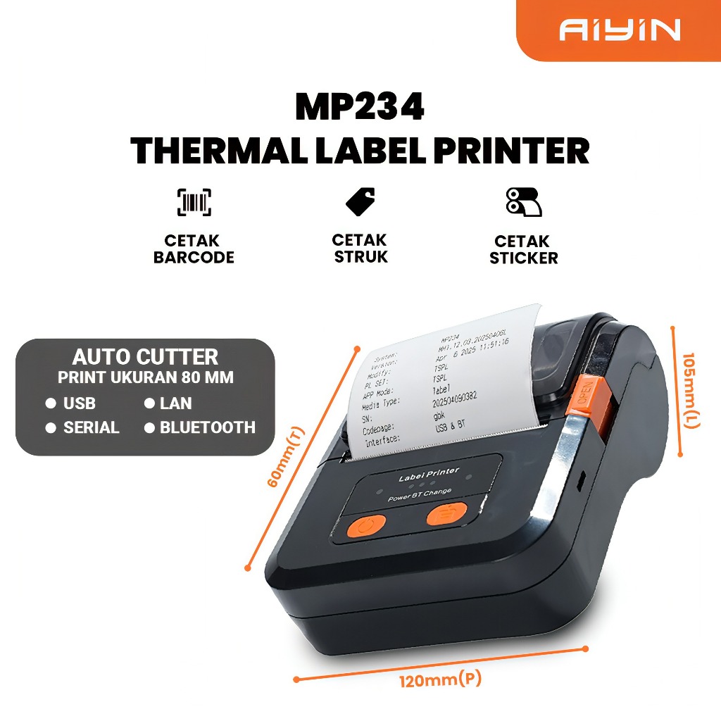 AiYin MP234 - Thermal Printer Bluetooth POS Struk Nota Mesin Kasir Label Barcode