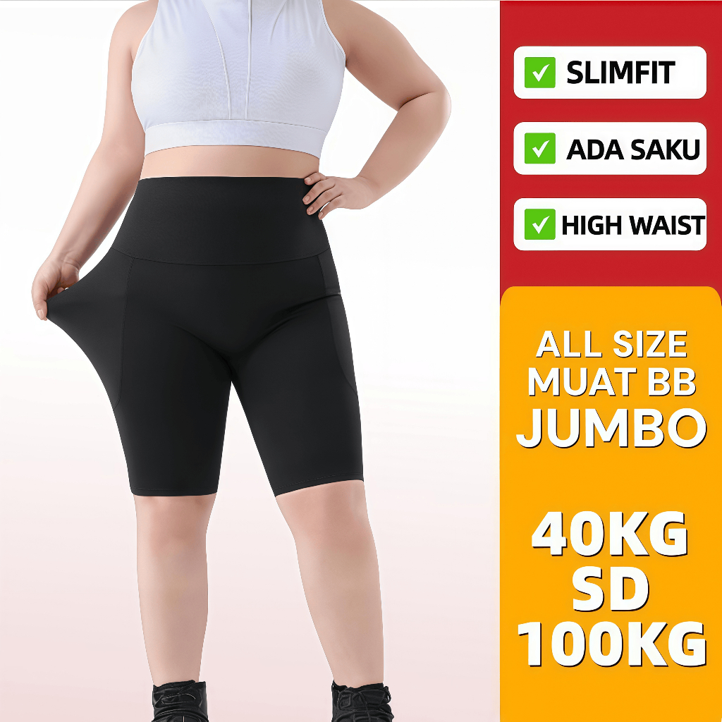 Celana Pendek Olahraga Wanita Jumbo 1/2 High Waist Elastis Nyaman Tidak Membekas Tanpa Garis Anti Te