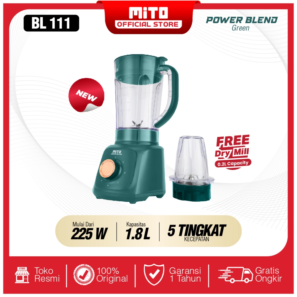 MITO POWER BLEND BL111 BLENDER 1.8 Liter- Low Watt, 5 Kontrol Kecepatan dan Fungsi Pulse dan Dry Mil