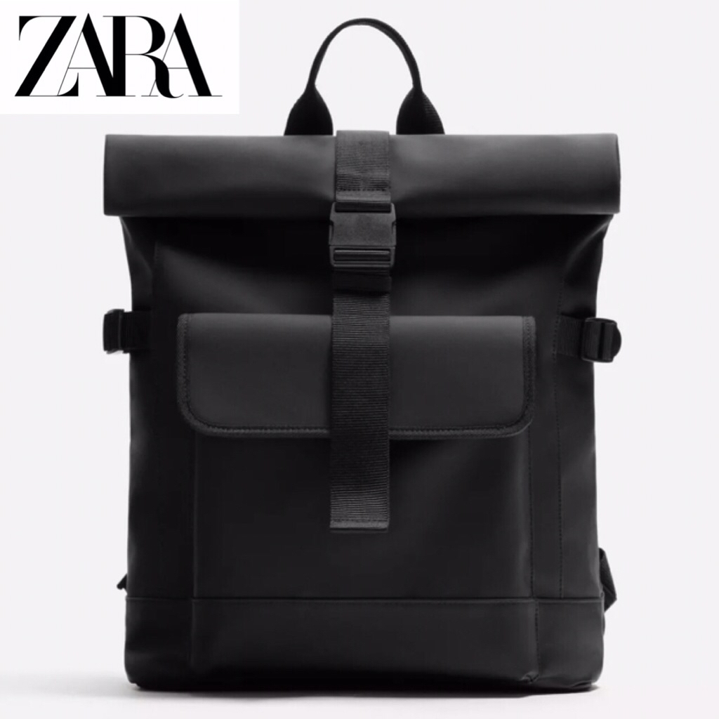 ZARA Men Backpack Rubberised Flap Tas Ransel Pria Black