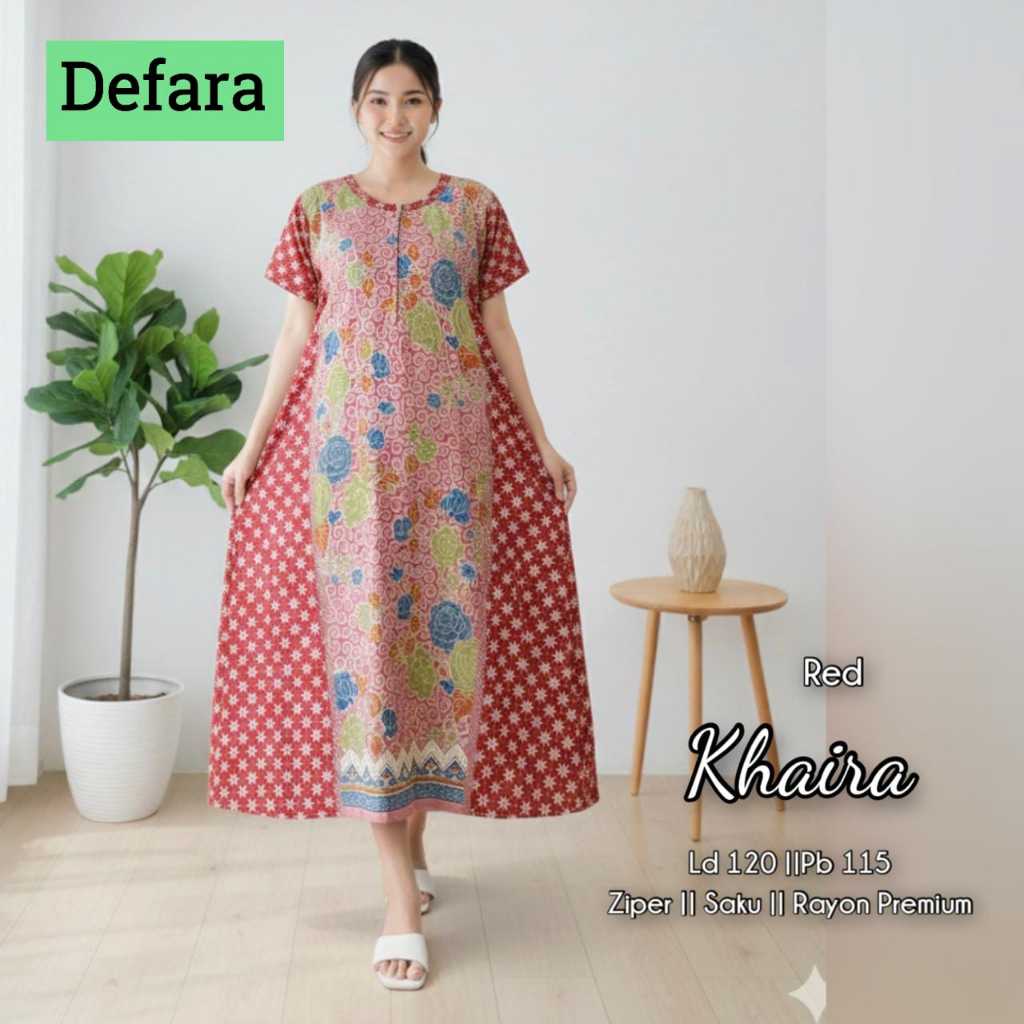 Khaira Daster Batik Busui Original Defara Rayon Premium Midi Dress Jumbo Motif Modern Lengan Pendek 