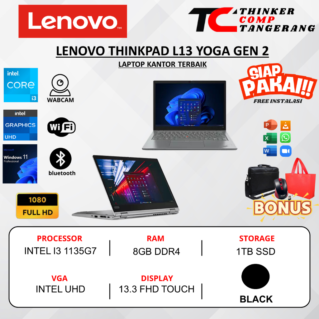 Lenovo Thinkpad L13 Yoga Gen 2 Intel I3 1135G7 8GB 1TB 13.3 FHD Touch Win10Pro