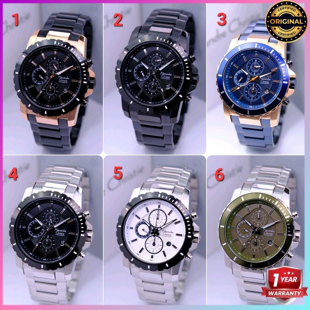 ORIGINAL GARANSI RESMI 1 TAHUN JAM TANGAN PRIA ALEXANDRE CHRISTIE CHRONOGRAP RANTAI STAINLESS STEEL 