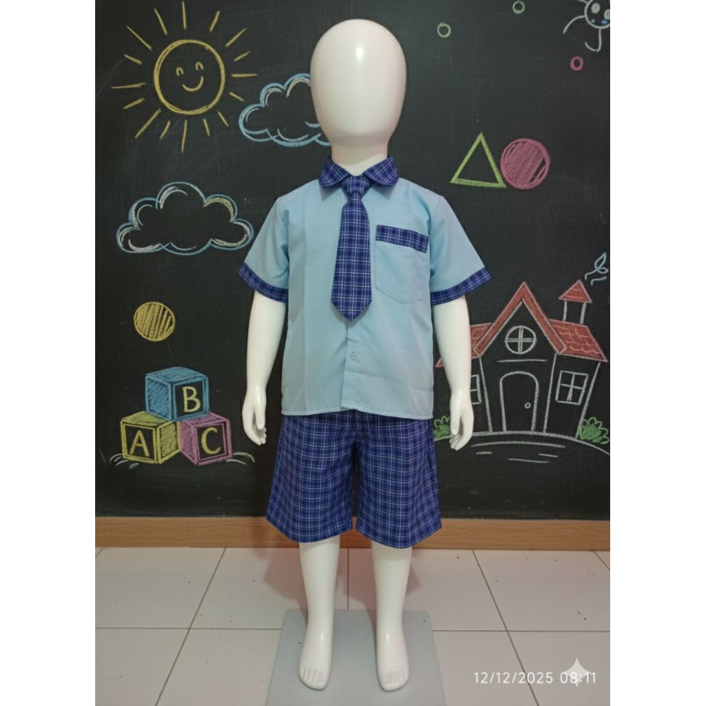 SETELAN SERAGAM TK/PAUD BIRU KOTAK-KOTAK