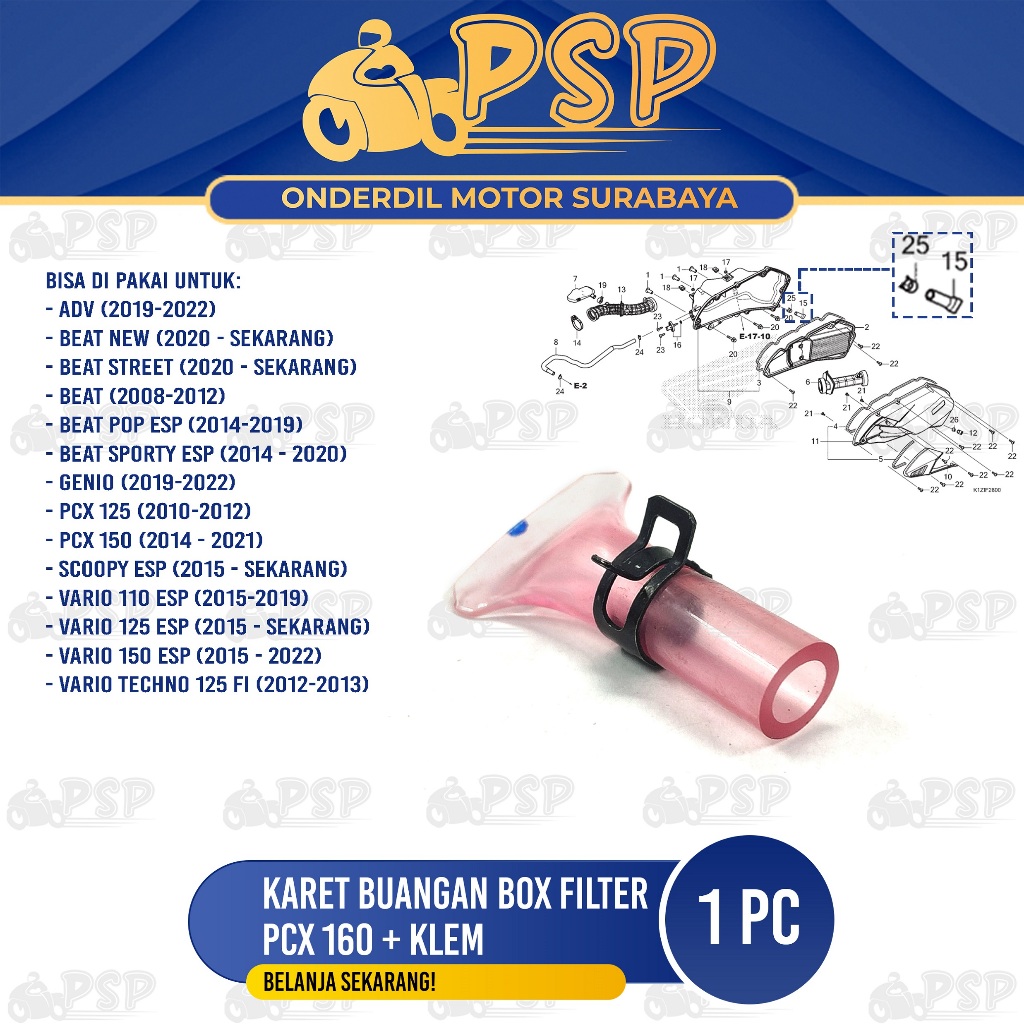 Karet Buangan Box Filter PCX + Klem - Seal Selang Pembuangan Filter Udara Honda ADV Genio Vario 125