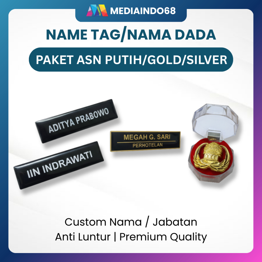 Paket ASN Papan Nama/ Name Tag/Nama Dada Putih/Gold/Silver + PIN KORPRI Premium