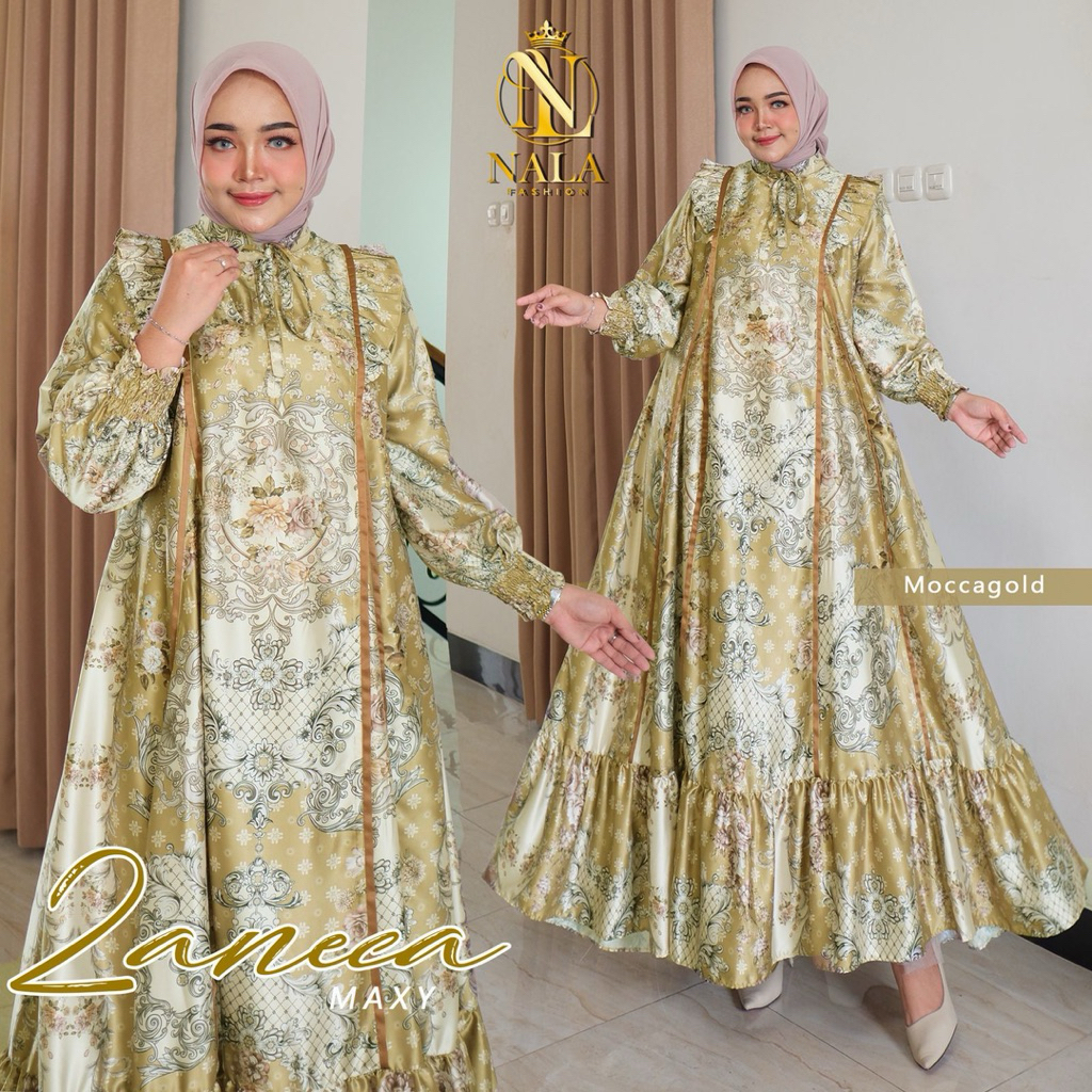 Zaneca Luxury Dres Silk Premium Import Ziper Depan Aksen Rempel Pundak Tali leher pergelangan tangan