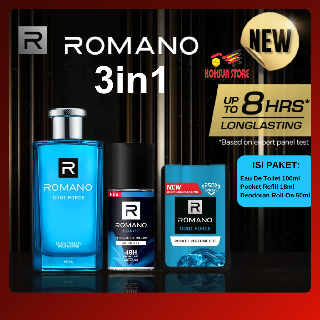 ROMANO Paket 3in1 Cool Force (isi 3 pcs) Parfum Eau De Toilette 100ml, Deodorant Roll On 50ml, Pocke