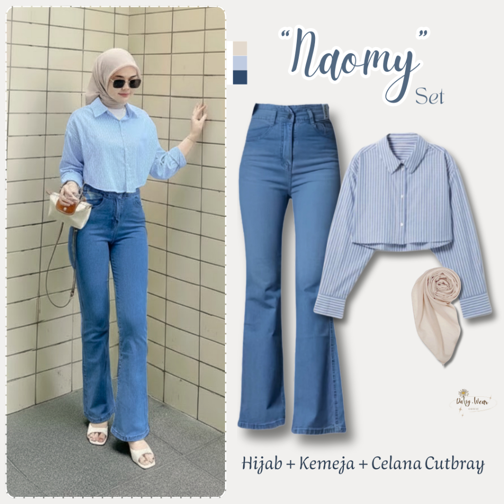 Naomy Set Wanita 3in1 ( Hijab Bella Square Ivory + Kemeja Crop Salur Biru + Celana Cutbray Denim Pre