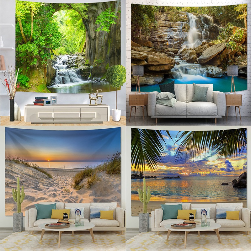 Latar belakang jendela pemandangan gunung dan air, kain dekorasi dinding ruangan pemandangan alam