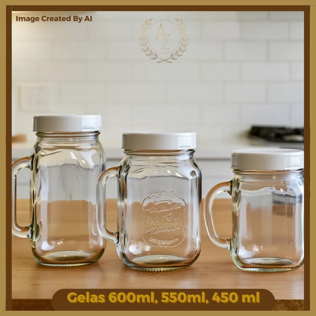(PROMO, BELI 6 GELAS 600ML FREE 1 GELAS 450 ML) Gelas Mug Jar Tutup Putih Ekslusif ukuran 450ml, 550