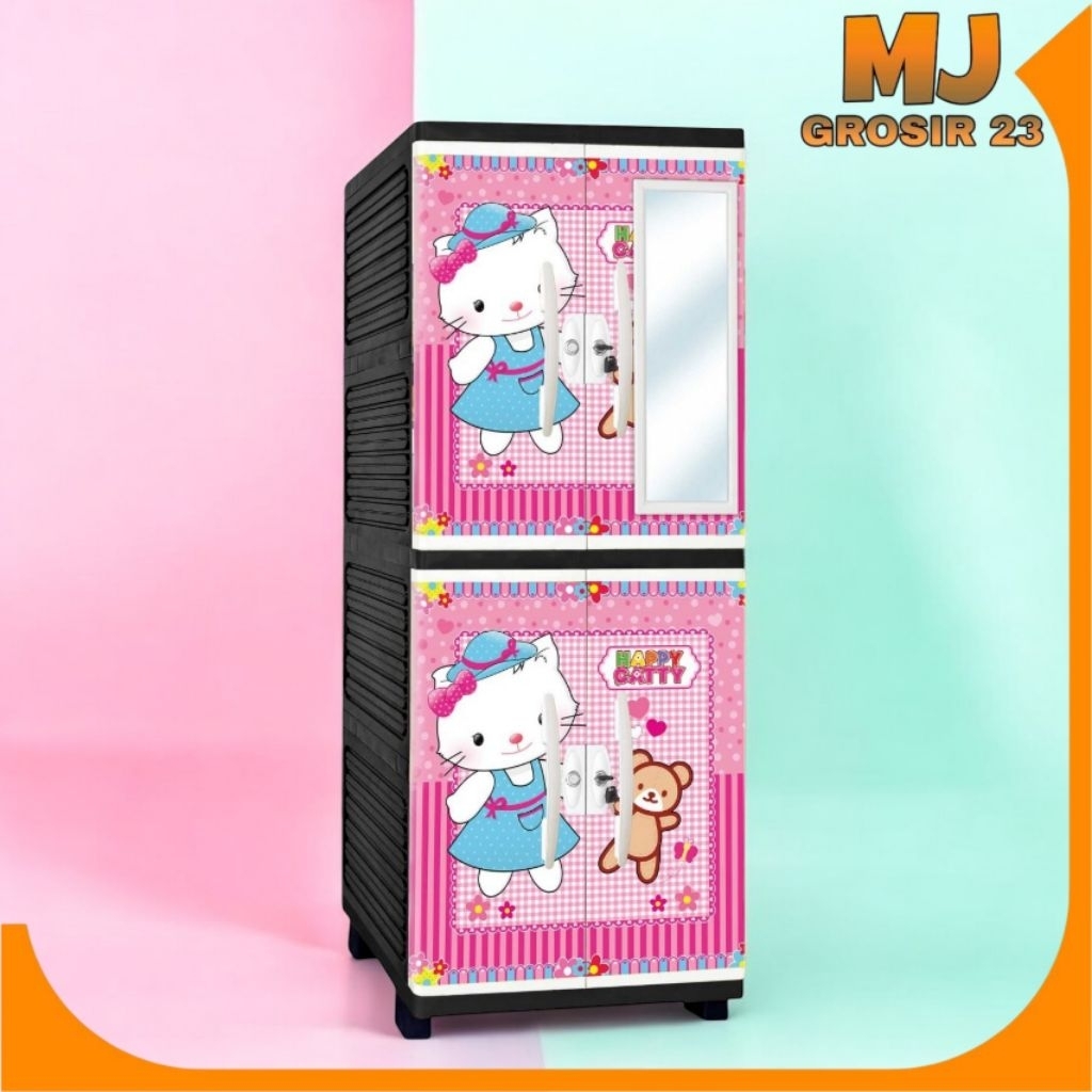 Lemari pakaian plastik Karakter Printing kaca minimalis full kunci susun 4/lemari plastik/lemari pak