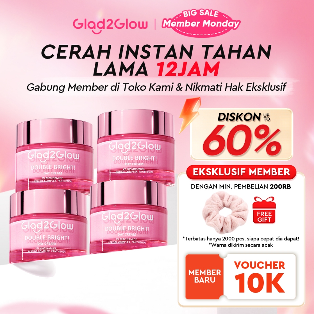 [12.12 Belanja 200rb, Disc. 20%]Glad2Glow Double Bright Tone up Cream Day Cream Cerah Instan Niacina