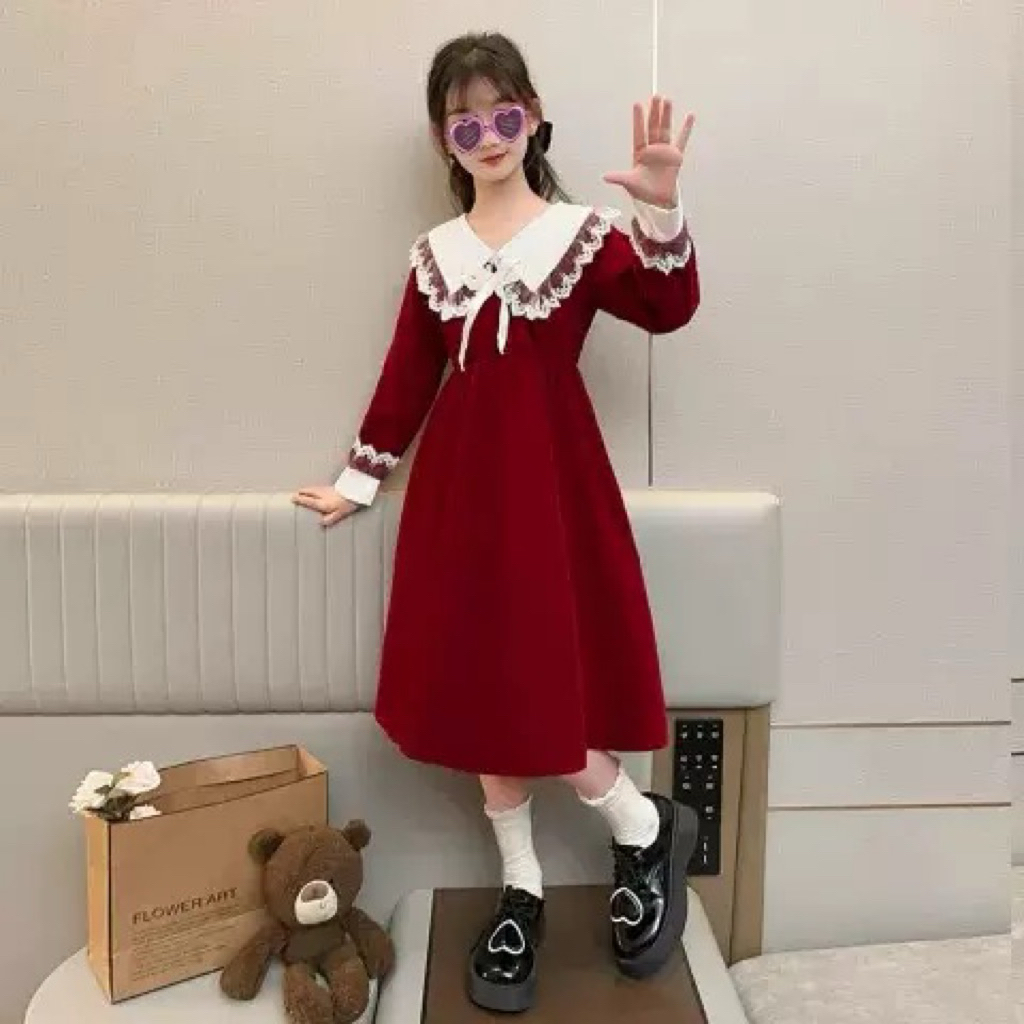 Dress Lengan Panjang Merah/Baju Setelan Anak Tanggung/Dress Korea Anak Cewek/Dress Anak Import/Baju 