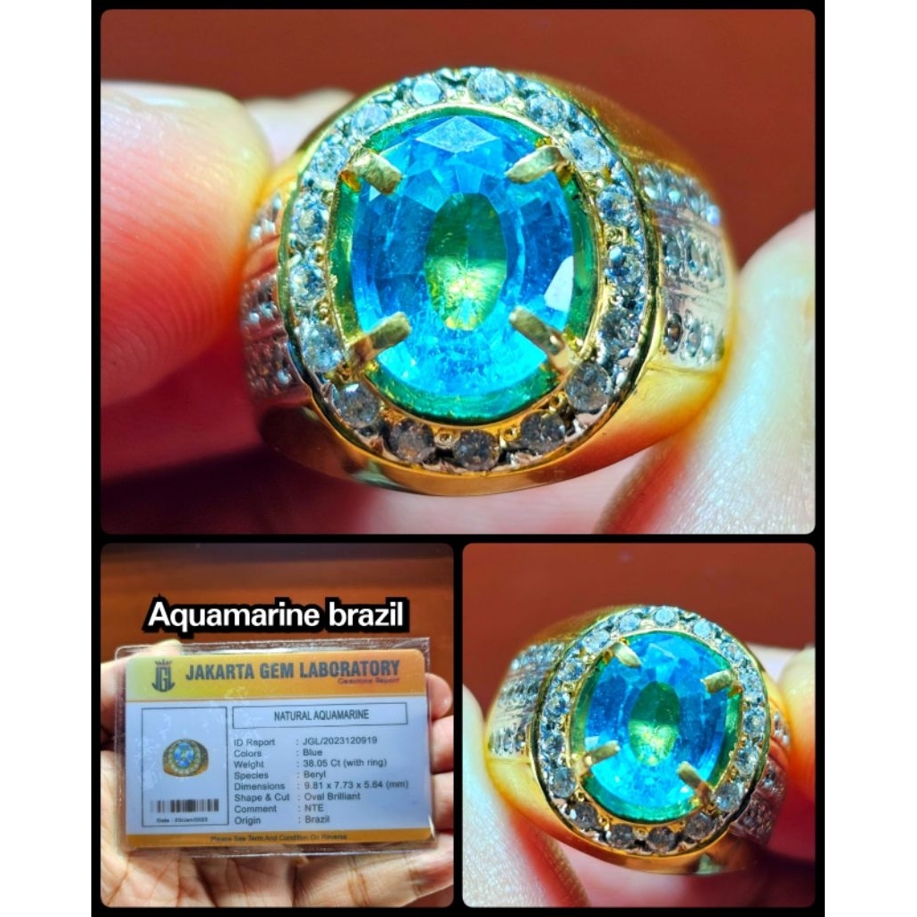 natural permata Aquamarine brazil super + ring silver perak