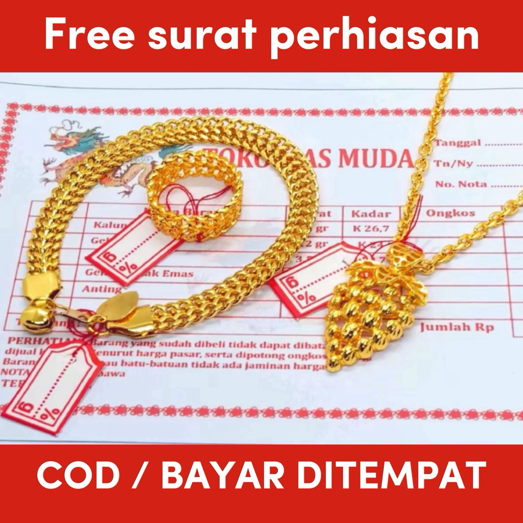set perhiasan wanita kalung nuri liontin anggur new design free cincin berlapis emas muda