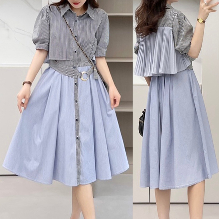 DRESS KEMEJA MIDI KATUN GARIS HITAM & POLOS BIRU MUDA TOP LAYER PINGGANG BELT KOREA IMPORT