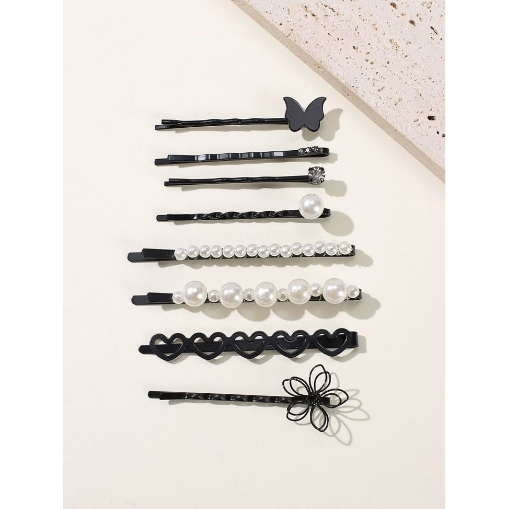 Jepit Rambut/aksesoris kerudung Hitam Mutiara & Butterfly Elegan