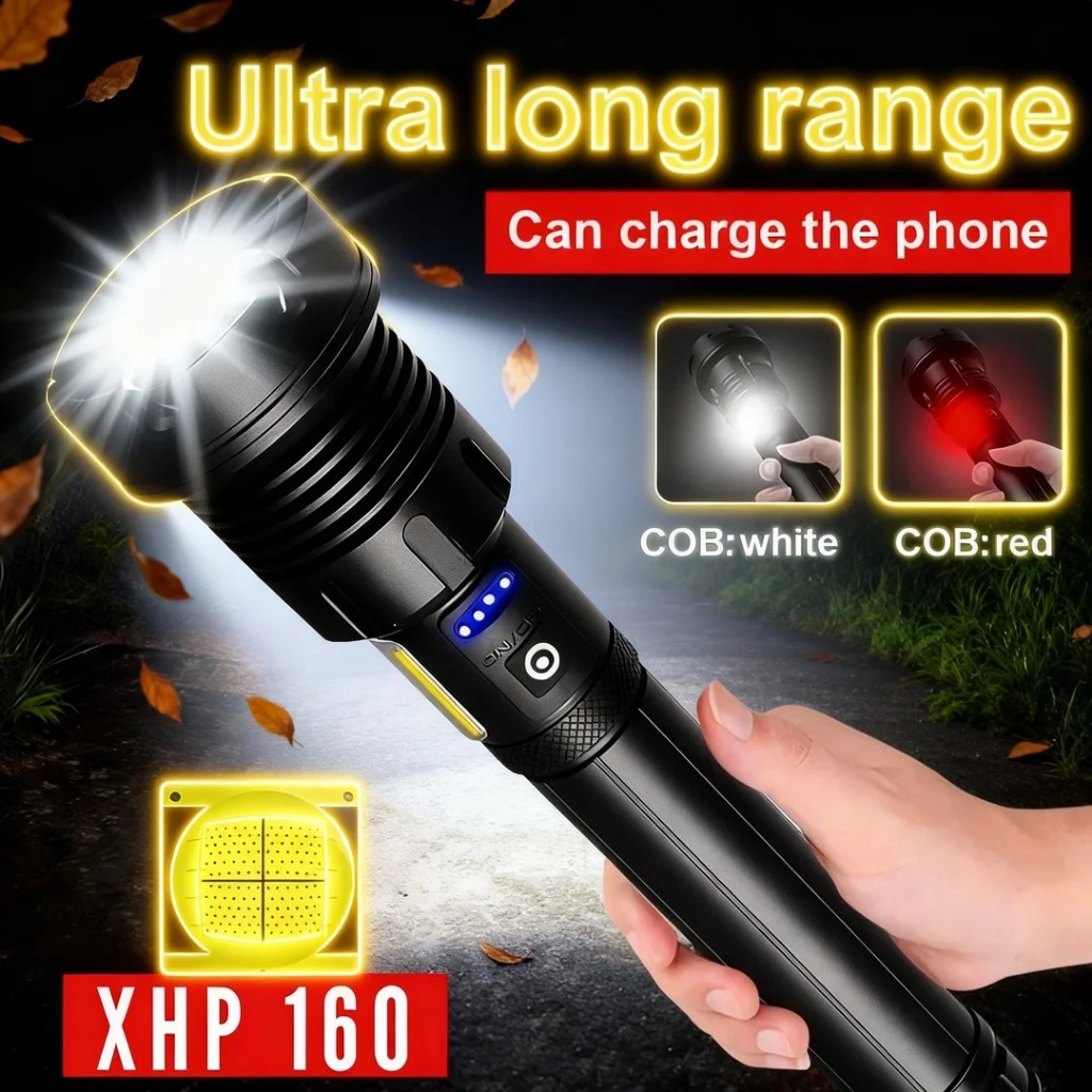 Senter LED Super Terang Ori 100% XHP 160 4core 90000 Lumens 500M Sorot Super Terang Senter Swat Poli