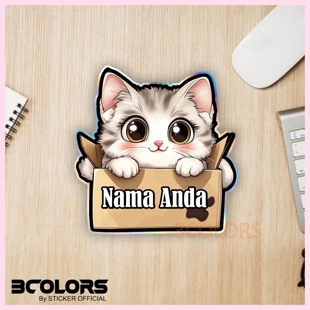 stiker kucing ganti nama, stiker custom nama, stiker bertestur timbul hologram