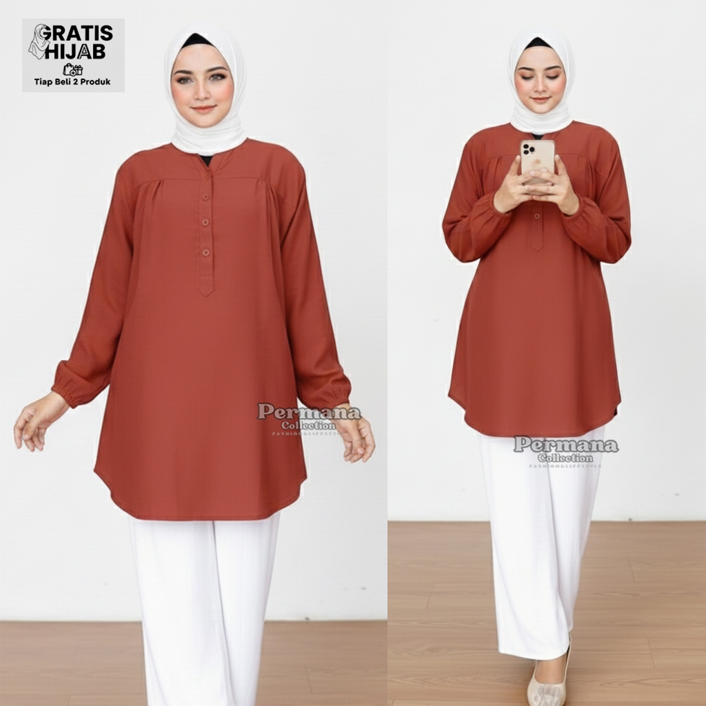 Jumbo Size Polos: Baju Kemeja Blouse Wanita Busana Muslim Dewasa Warna Merah Bata