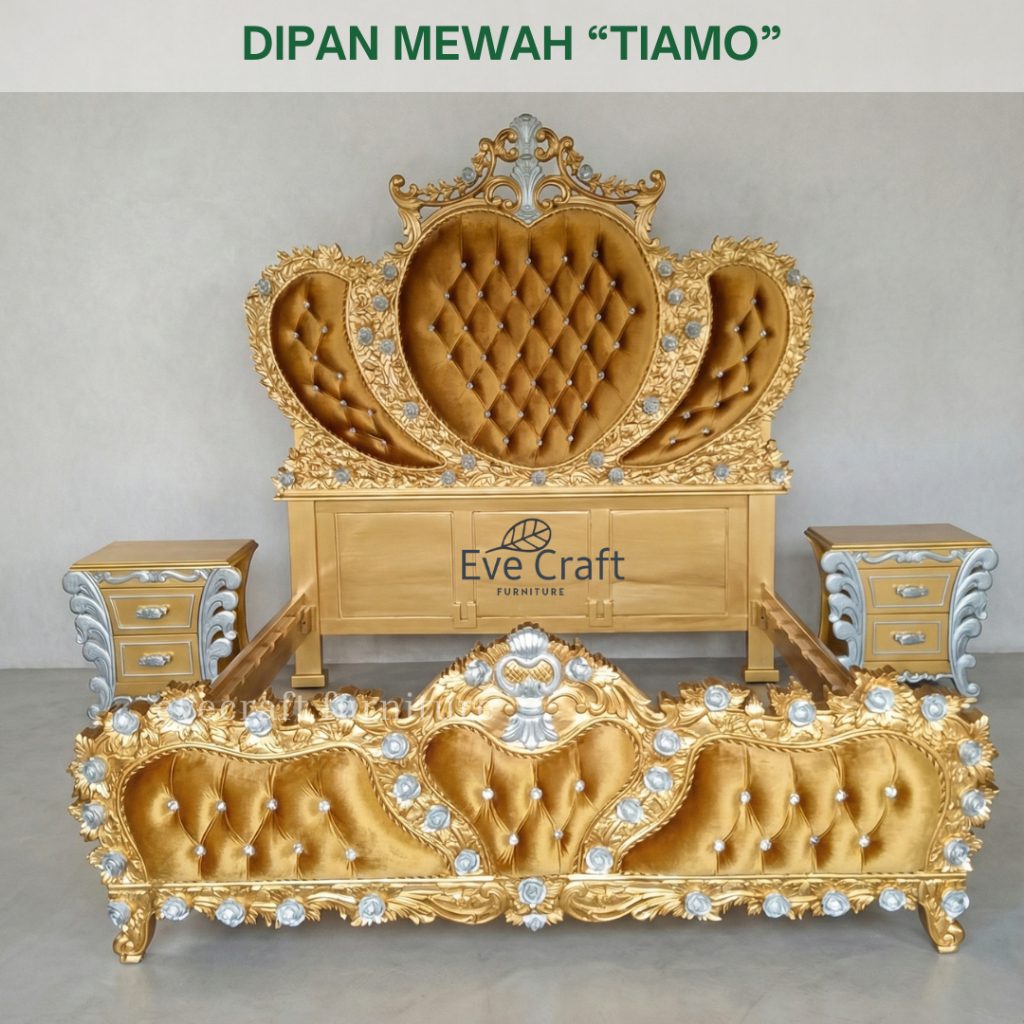 Dipan Tempat Tidur Mewah Ukir Klasik TIAMO | Ranjang Kayu Jati Luxury Royal | Set Nakas