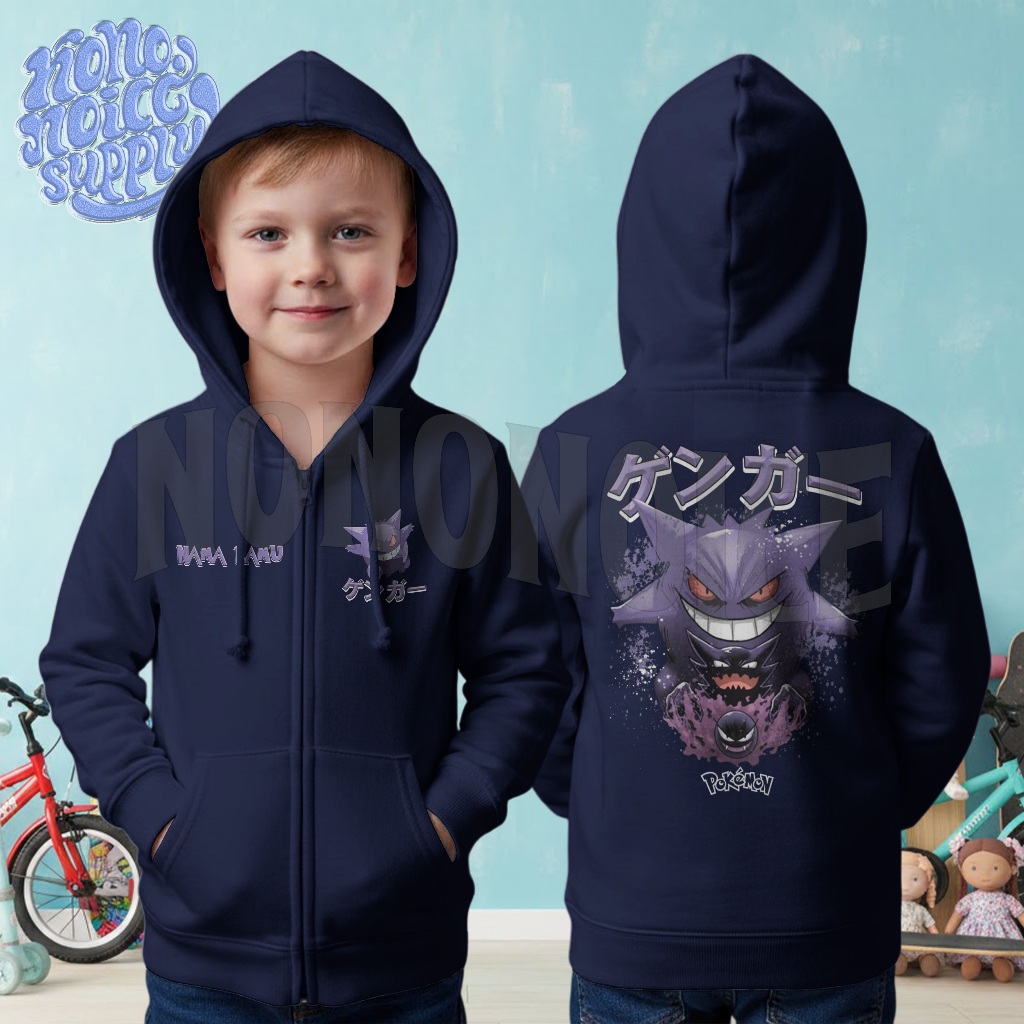 Jaket Zipper Hoodie Anak Pokemon Gengar Free Name / Jaket Anak Risleting Gengar Pokemon