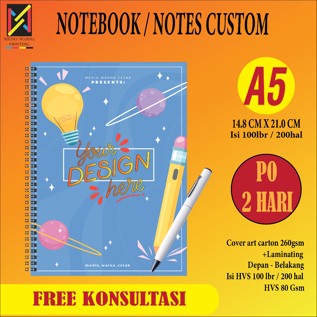 Notebook CustomA5/Notebook Spiral A5 - Cover Depan - Belakang Isi 100 lembar/Souvenir Notebok Custom