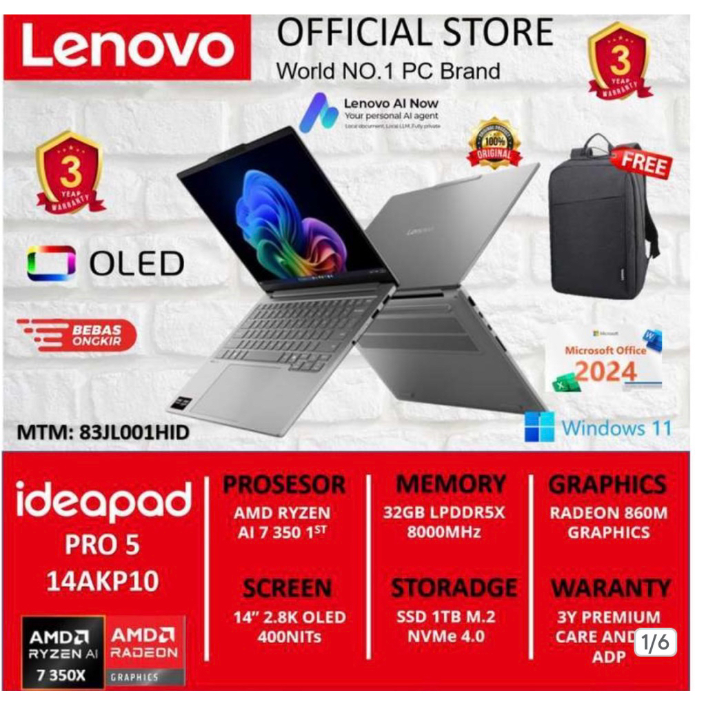 LENOVO IdeaPad Pro 5 14AKP10 83JL001HID Ryzen AI 7 350 32GB 1TB W11 OHS Microsoft 365 Basic Luna Gre