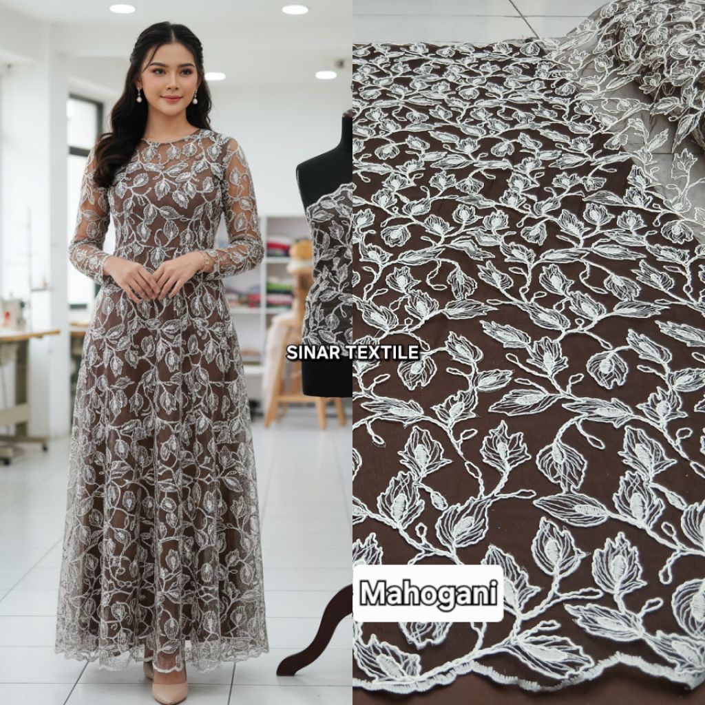 Kain tile bordir 2two tone motif bunga daun / Kain tile kebaya wanita terbaru